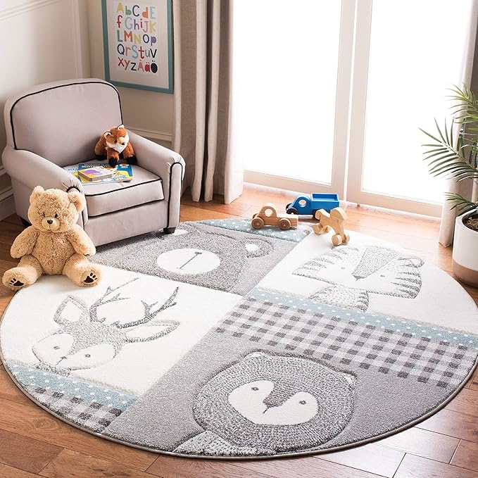 SAFAVIEH Carousel Kids Collection 8' Round Grey/Ivory CRK188B Animal Non-Shedding Nursery Playroom Area Rug
