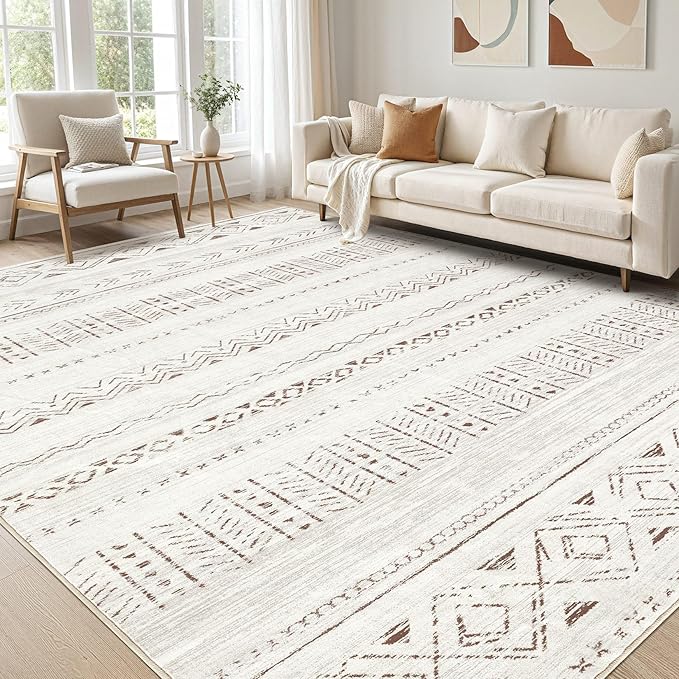 Area Rugs for Living Room Washable Living Room Rug Soft Neutral Indoor Floor Carpet Non-Slip Stain Resistant Modern Boho Rugs for Bedroom Dining Room Kids Room Nursery Office Home Light Brown