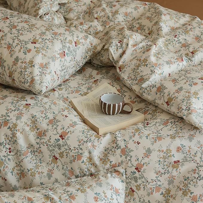 LifeTB Rustic Flower Duvet Cover King Botanical Garden Floral Bedding Set 100% Cotton Vintage Country Style Girls Comforter Cover Flower Branches Pattern Cottagecore Bedding Set King Size