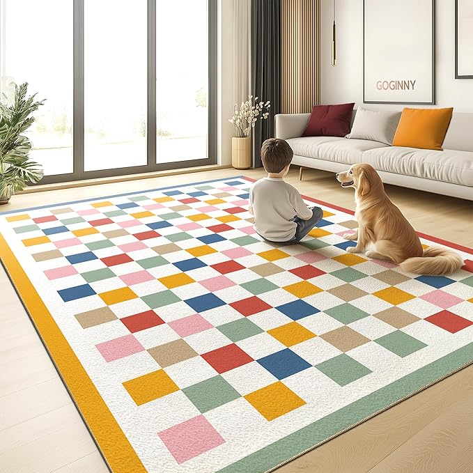 Washable 5x7 Checkered Area Rug for Living Room, Colorful Rainbow Checkerboard Modern Large Rugs, Faux Wool Low Pile Lightweight Indoor Carpet with Non-Slip Backing for Bedroom Kids Nursery Play Room