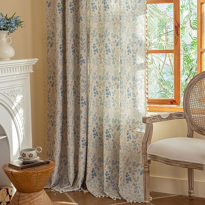 OYX Blue Floral Light Filtering Boho Curtains 84 Inch Long 2Panels For Living Room, Country Farmhouse Rustic Vintage French Drapes, Flower Printed Rod Pocket Privacy Decor Drapes For Bedroom Aesthetic