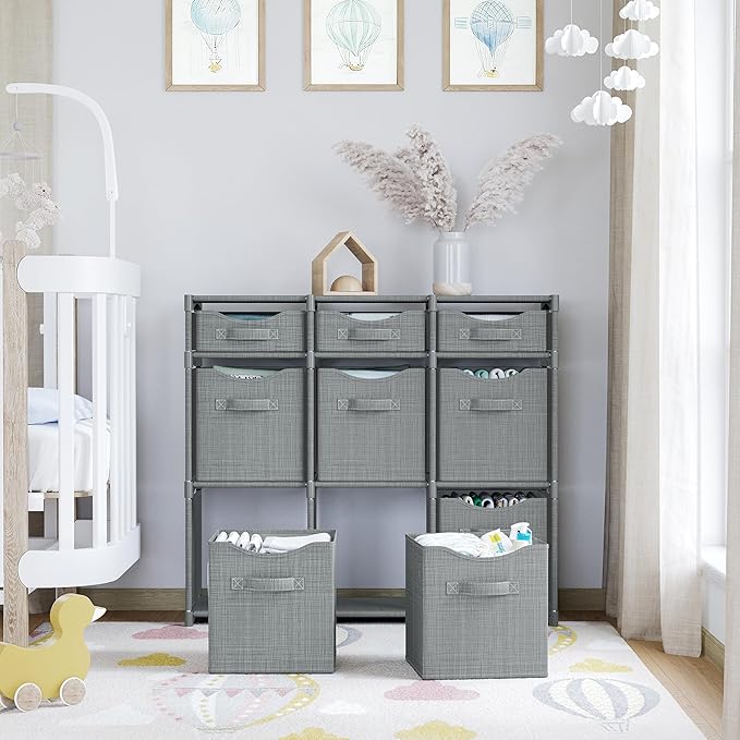 9 Cube Closet Organizers, Includes All Storage Cube Bins, Easy To Assemble Storage Unit With Drawers | Room Organizer For Clothes, Baby Closet Bedroom, Playroom, Dorm (Light Grey)