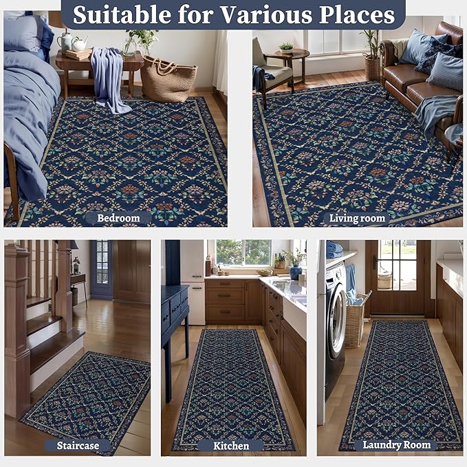 Tangsoo 5x7 Washable Area Rug, Non Slip Moroccan Trellis Blue Floral Indoor Rug, Soft Low Pile Floor Carpet for Living Room, Bedroom, Dining Room, Pet & Child Friendly Room Decor, Easy to Clean