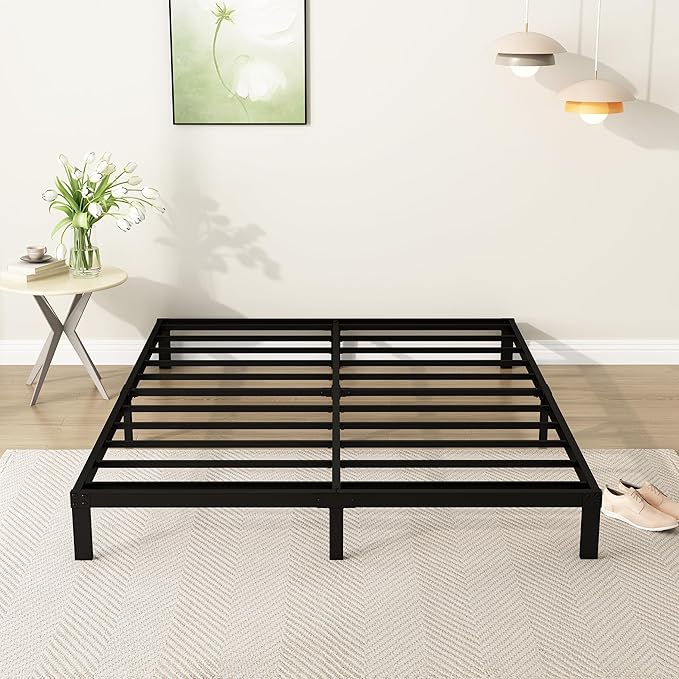 7 Inch Queen Bed Frame Heavy Duty Low Profile Metal Platform No Box Spring Needed, Maximum Storage, Easy to Assembly, Noise Free, Black