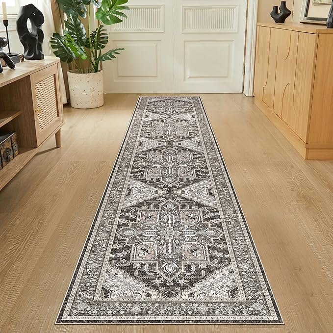 WITSHOCK 2x10 Long Runner Rug for Hallway: Washable Rug Distressed Boho Soft Low Pile Stain Resistant Foldable Carpet for Bedroom Kitchen Entryway Indoor Entrance Oriental Farmhouse Home Decor, Black