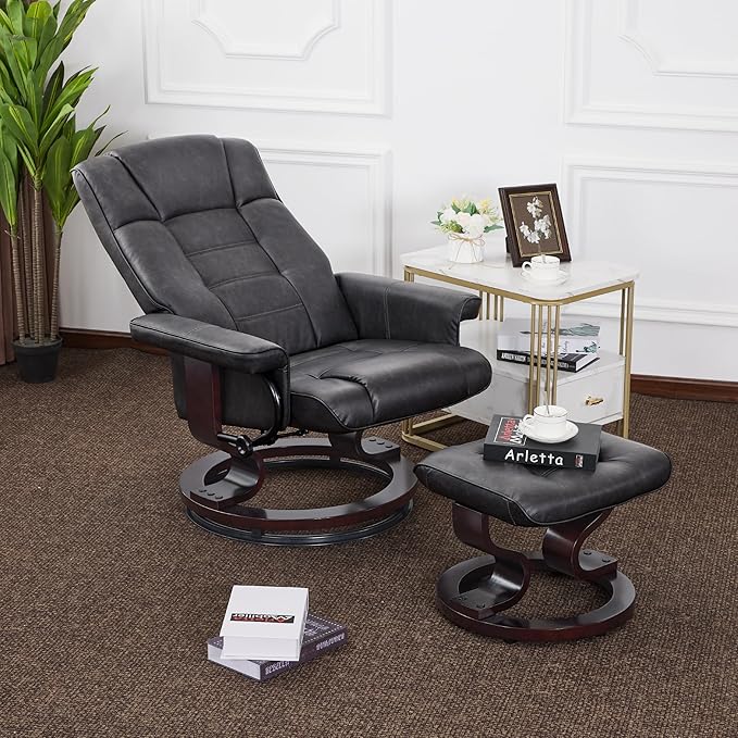 MCombo Manual Swivel Recliner with Ottoman, Chair Ottoman Set for RV Small Spaces, Living Room, Bedroom, Office 9019 4919 (Faux Leather, Dark Grey)