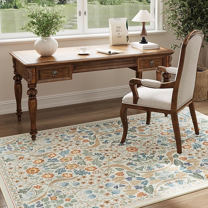 5x7 Floral Washable Area Rug for Living Room, Non-Slip Soft Vintage Boho Carpet, Botanical Forest Beige Low Pile Rugs for Bedroom, Dinning Room, Home Office, Dorm, Nursery, Beige