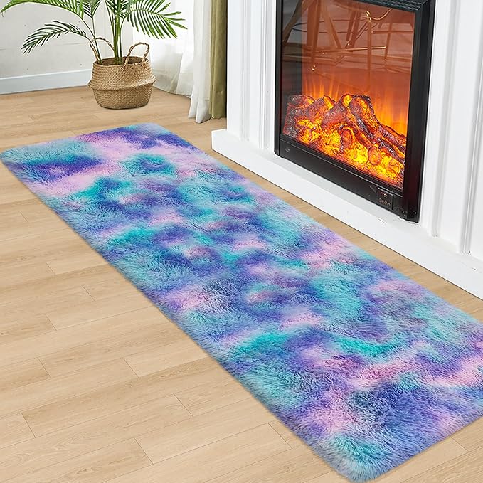 Shaggy Tie Dyed Light Blue Purple Runner Rug 2x6 ft Bedside Area Rugs for Living Room, Anti-Skid Extra Comfy Fluffy Floor Carpet for Indoor Hallway Home Decorative