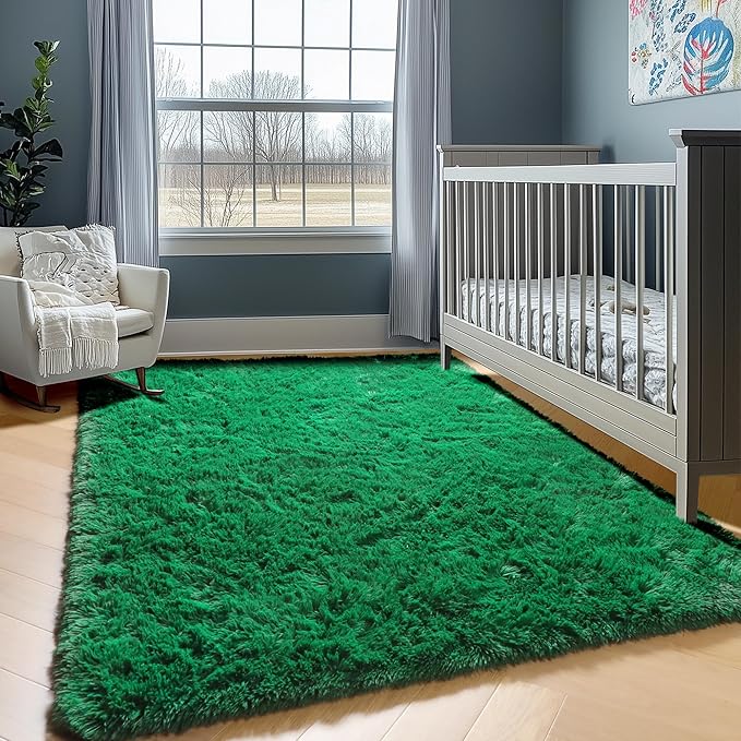 ONASAR Dark Green Area Rugs for Bedroom Living Room, 4x6 Rug, Fluffy Soft Plush Shaggy Bedside Throw Rug, Washable Indoor Floor Carpets for Nursery Kids Girls Boys Teen Dorm Playroom Home Decor