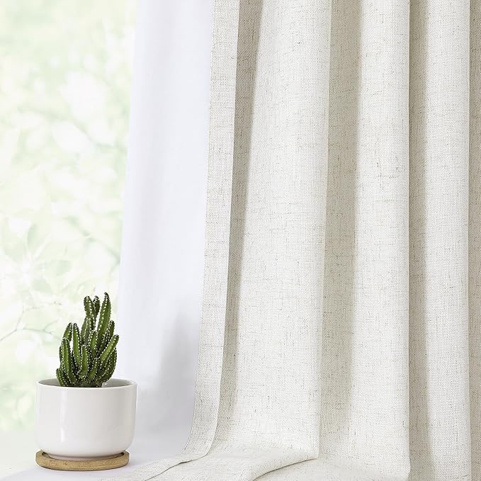 Natural Pinch Pleat Full Blackout Curtain Panel Linen Blended 112 Inches Long Thermal Insulated 100 Room Darkening Drapery for Farmhouse Living Room Bedroom Window Treatment Set with Hooks, 60"x112"x1