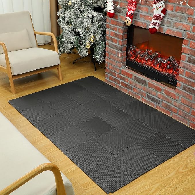 Nuanchu 60 PCS Kids Foam Puzzle Floor Mat Bulk - Solid Color Foam Play Mat with Borders Interlocking Multi Use Floor Rug for Children, 12 Inch(Black)