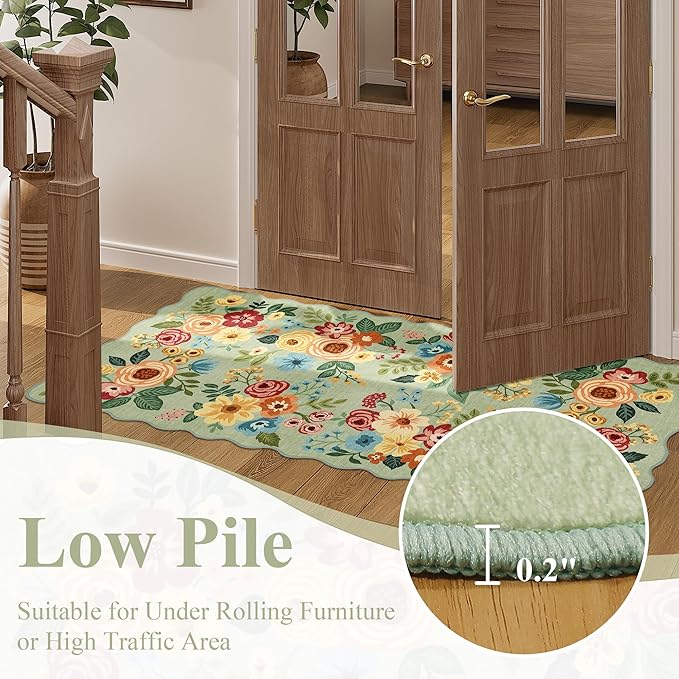 DUKINO 4x6 Area Rug, Floral Non-Slip Indoor Washable Rug with Low Pile & Non-Shedding, Lightwight Boho Design Carpet for Entryway, Bedroom, Kids Room, Living Room, Kitchen, Green
