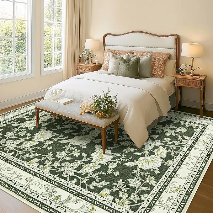 Olive Green Floral Print Area Rugs for Bedroom Living Room Boho Farmhouse Country Rustic Dining Room Carpet Soft Washable Rugs Non Slip Floor Covering for Nursery Playroom 8x10