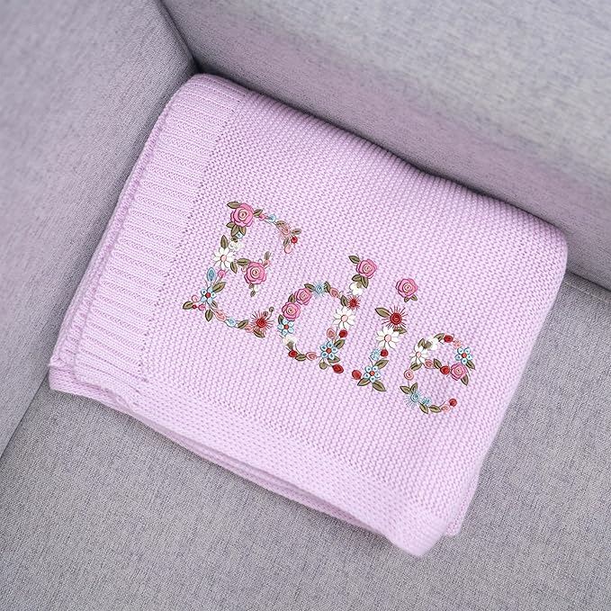 Personalized Floral Embroidered Name Blanket – Soft Cotton Knit Newborn Blanket, Custom Keepsake Gift, Cozy Cover for Girls, Unique Shower Present