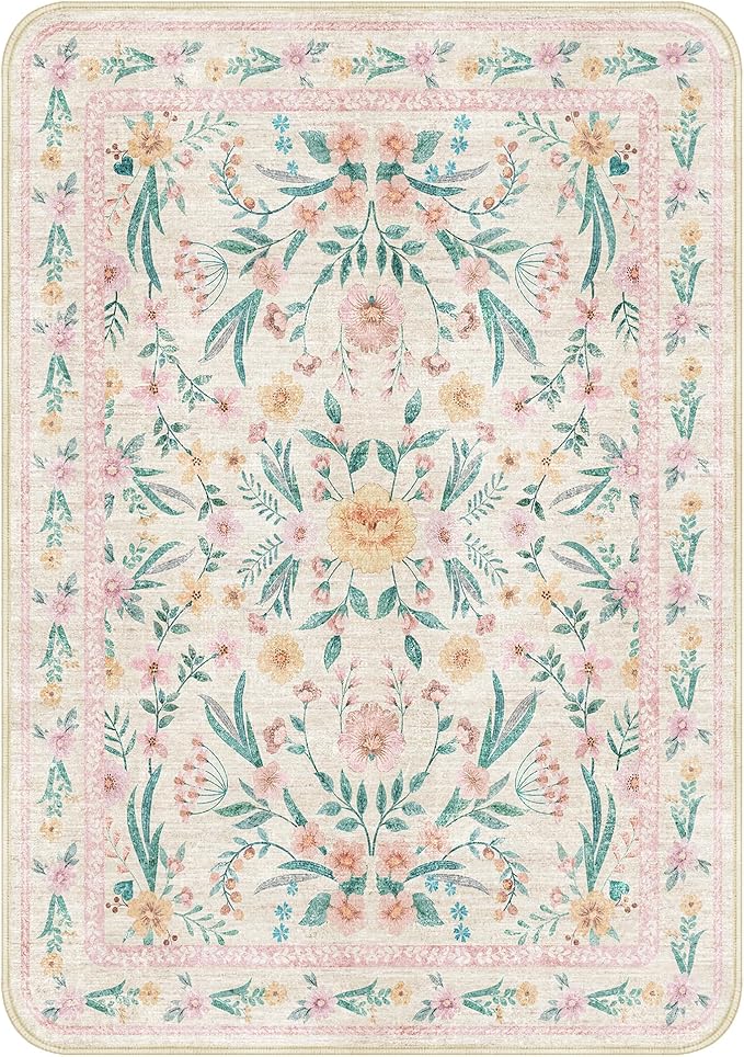 Pink Botanical Rug 5x7 Rounded Corners, Washable Non-Slip Floral alfombra rosa para niña, Soft Boho Cute Carpet for Teen Girls Bedroom and Playroom