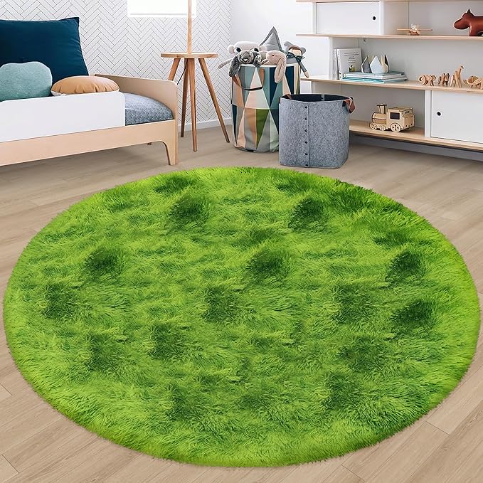 7 ft Large Fluffy Round Green Grass Area Rugs for Bedroom,Soft Shaggy Circular Rug Plush Fluffy Circle Carpet Fuzzy for Living Room Nursery Baby Toddler Room Playroom Dorm Home Decor Aesthetic