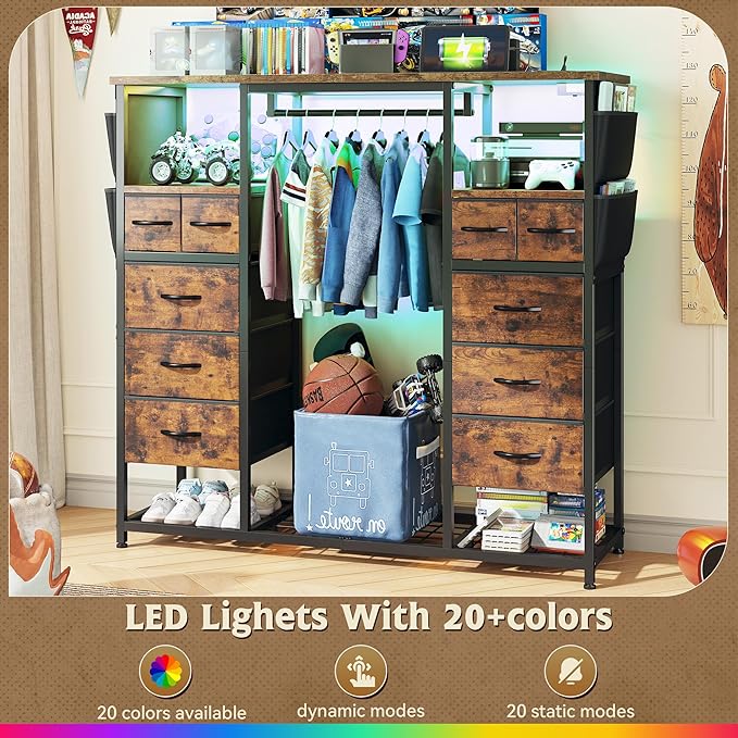 51.2" H Dresser with Hanging Rack, 10 Drawers Dresser for Bedroom, Fabric Chest of Drawers with LED Lights & Charging Station, Wooden Top & Sturdy Frame, Brown