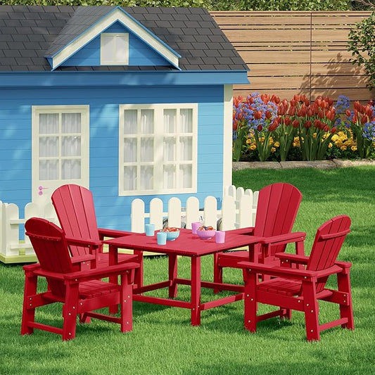 Costaelm Paradise Kids 5-Piece HDPE Outdoor Square Patio Dining Table and Chairs Set, Red