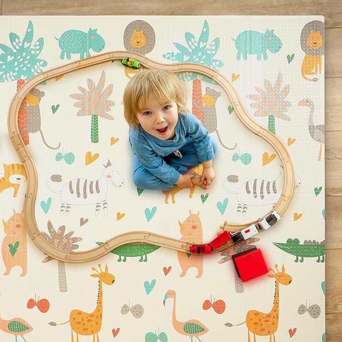 Bammax X-Large 78" x 70" x 0.4" XPE Foam Baby Play Mat + Travel Bag | Waterproof, Foldable & Reversible Floor Mat for Kids | Baby Crawling Mat & Kids Play Mat – Dinosaurs & Safari Animals