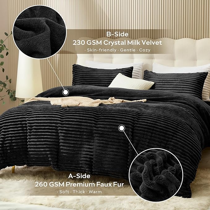 JELLYMONI Plush Duvet Cover Set - King Size Black Striped Fluffy Comforter Cover 3pcs Bedding Set Luxury Ultra Soft Faux Fur Duvet Cover with Zipper and 2 Pillowcases (NO Comforter)