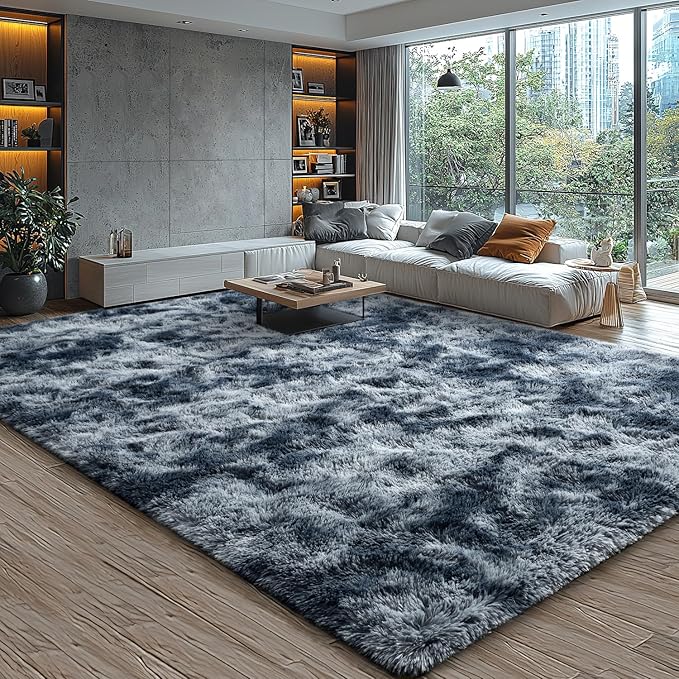 EVOIONOS Area Rug for Living Room Bedroom, Washable 5x8 Fluffy Shag Large Rug, Soft Plush Non Slip Carpet for Indoor Floor Bedside Nursery Kids Room, Dorm, Home Decor Aesthetic, Tie-Dyed Blue Grey