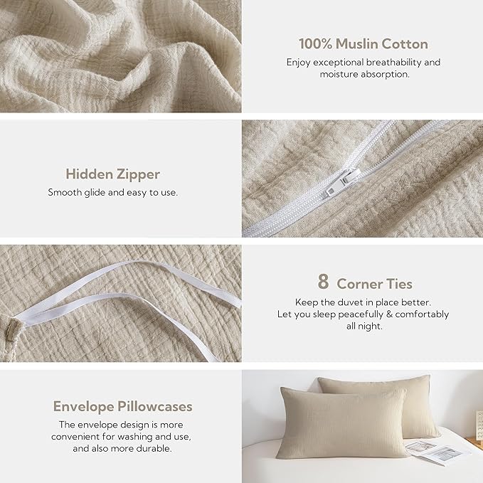 MILDLY Muslin Duvet Cover Twin - 100% Washed Cotton Linen Like Gauze Comforter Cover 2 Pieces Breathable & Lightweight for All Season