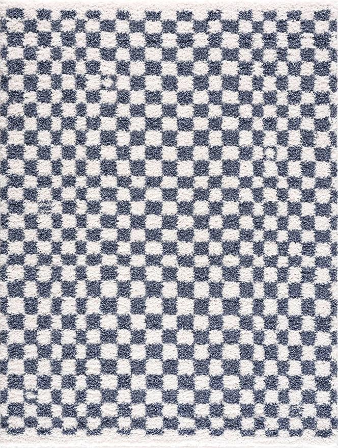 BoutiqueRugs Kieu Modern Checkered Shag Runner Rug - High Pile Fluffy Shag Carpet for Hallway, Nursery, Playroom, Girls Boys Room - White, Blue - 2'7" x 7'3" (2x8)