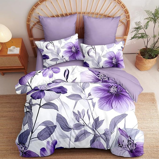 Nayoroom Purple Floral Comforter Set Twin Size Lavender Blooming Flower Leaf Printed Spring Comforter 2 Pcs Soft Lightweight Cottagecore Bedding Set for All Seasons (1 Comforter, 1 Pillowcase)