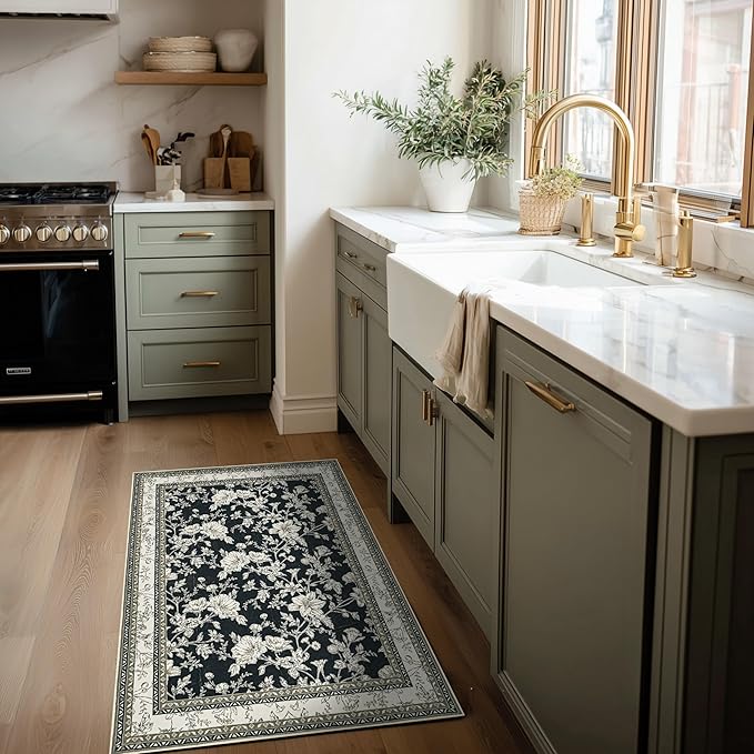 Black Floral Area Rug for Entryway 2x3 Washable Small Rug Low Pile Non Slip Distressed Entry Mat Soft Farmhouse Indoor Entrance Door Mat for Kitchen Bedroom Black with Beige Cream Taupe Floral Design