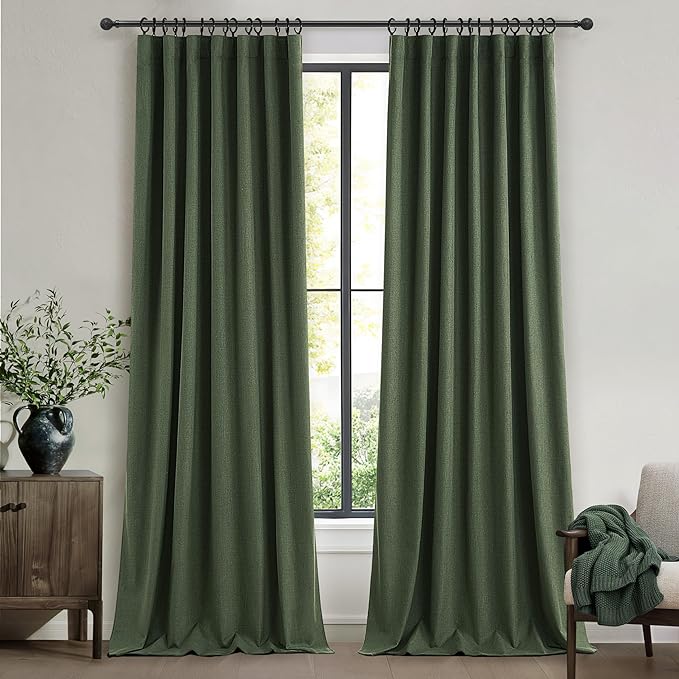 Dark Olive Green Pleated Curtains 92 Inches Long, Blackout Spring Curtain for Living Room Cooling Heat Reflective Linen Look Vintage Drapes for Bedroom Back Tab&Pin Hooks (Loden,2Panels W50 xL92)