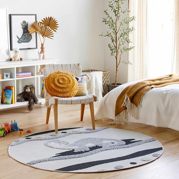 Hauteloom Kids Room, Nursery Round Area Rug - Outdoor Patio Safe - Animal Dinosaur Playroom Carpet - Beige, Gray, Black, Cream - 5'3"