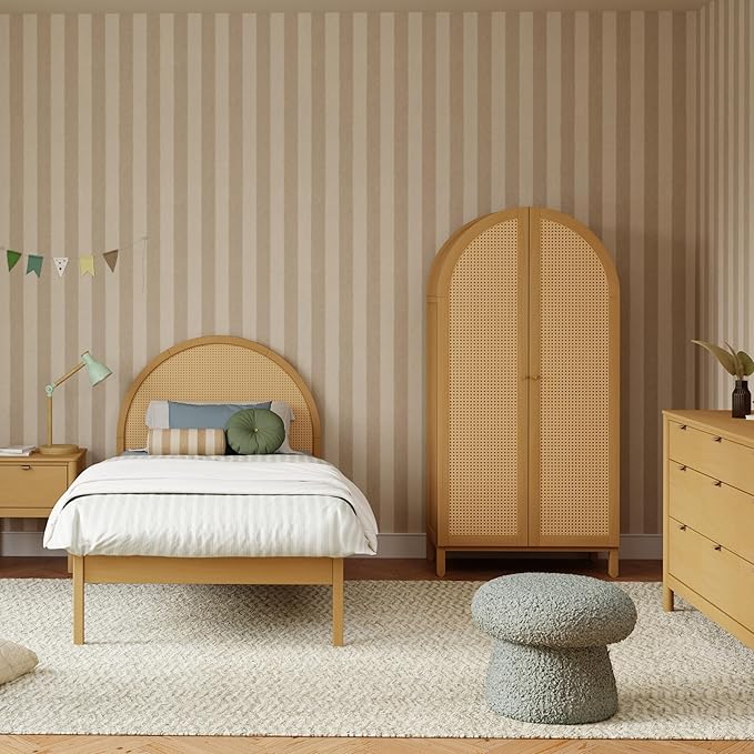 Babyletto Bondi Cane Armoire Wardrobe Closet with Doors | Modern Pre-Assembled Spacious Wooden Wardrobe Cabinet w/ 4 Storage Shelves | Wood Closets for Bedroom & Nursery - Honey