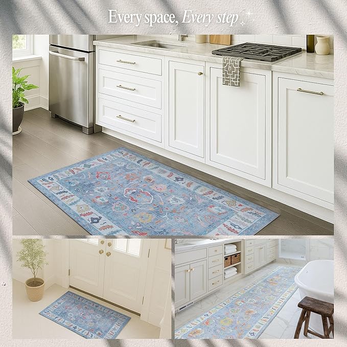Fame Rugs Blue Modern Oushak Rug 2'6"x10, Vintage Turkish Colorful Oriental Antique Inspired Foldable Long Washable Runner Rugs, Luxury Living Room Bedroom (381LB, 2'6" x 10')
