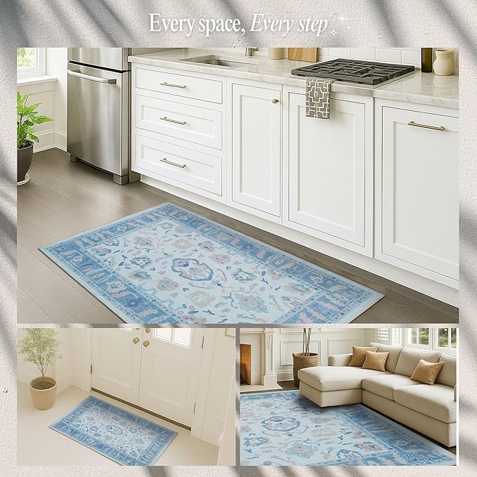 Fame Rugs Blue Modern Oushak Rug 2x3, Vintage Doormat Turkish Colorful Oriental Antique Inspired Washable Small Area Rug, Luxury Living Room Bedroom (995BB, 2' x 3')