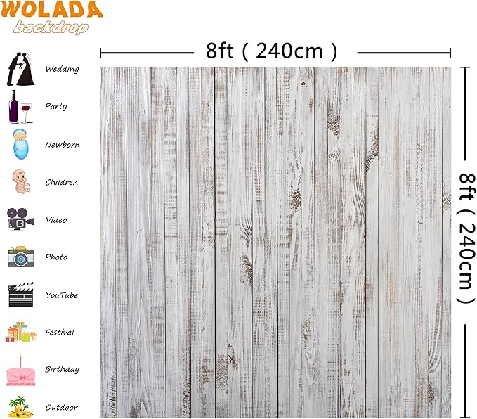 WOLADA 8x8FT Vintage Wood Backdrop Retro Rustic White Gray Wooden Floor Backdrops for Photography Kids Adult Photo Booth Video Shoot Vinyl Studio Prop 11890
