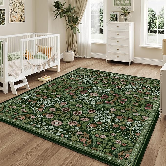 8x10 Green Floral Washable Area Rug for Living Room, Non-Slip Soft Vintage Boho Carpet, Botanical Forest Green Low Pile Rugs for Bedroom, Dinning Room, Home Office, Dorm, Nursery, Dark Green
