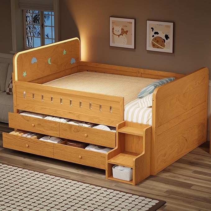 Full Size Platform Bed with Guardrail and 4 Drawers, Wooden Kids Platform Bed Frame with Two-Step Staircases and Light Strip for Boys Girls, Sturdy Slats Support (Wood-11A)
