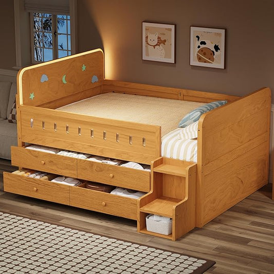 Full Size Platform Bed with Guardrail and 4 Drawers, Wooden Kids Platform Bed Frame with Two-Step Staircases and Light Strip for Boys Girls, Sturdy Slats Support (Wood-11A)
