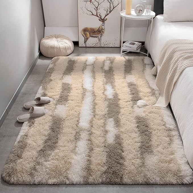 Meralax Area Rugs for Living Room Bedroom, Machine Washable 4x6 Feet Soft Fluffy Shaggy Bedside Rug, Beige and White Indoor Floor Carpet for Kids Boys, Dorms, Nursery Rooms, Home Decor Aesthetic