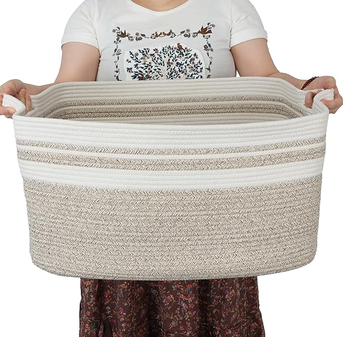 Large Rectangle Blankets Basket Living Room 22"x17"x12" Woven Cotton Rope Storage Baskets for Nursery Toy Baskets for Kids Wicker Laundry Basket Bin for Clothes Towels white brown
