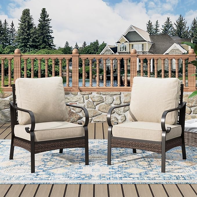 Outdoor Patio Leg Sofa Chairs Set of 2 Steel Frame Porch Furniture with Deep Seating and 5.75" Cushions for Lawn Backyard Deck, Beige
