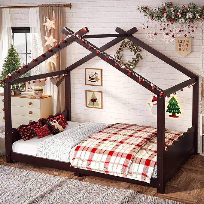 Full Size Wooden House Floor Bed - Kids Bed Frame with Roof & Support Slats for Bedroom, No Box Spring Needed, Easy Assembly (Espresso)