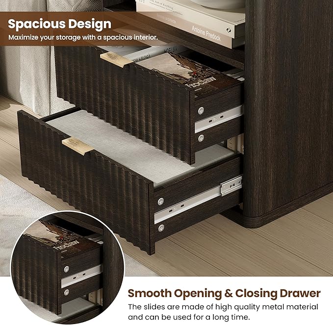 Fluted Nightstand Set of 2 with Charging Station, 21.7" Wide Modern Night Stand with 2 Drawers Open Storage Cabinet, Wooden Bedside End Table for Bedroom,Walnut