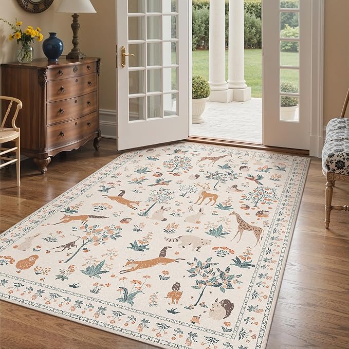 Rugs for Living Room 5x7 Floral Animal Print Area Rug Machine Washable Rug, Non Slip Low Pile Carpet for Bedroom, Entryway, Nursery, Playroom, Beige