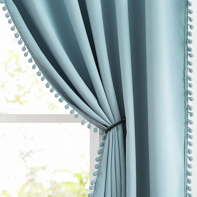 Treatmentex Pom-Pom Blue Curtains Living Room 90 inches Energy Efficient Thermal Insulated Room Darkening Curtain Panels for Bedroom Window Draperies Nursery Room Children 52" w x2 Panels Rod Pocket