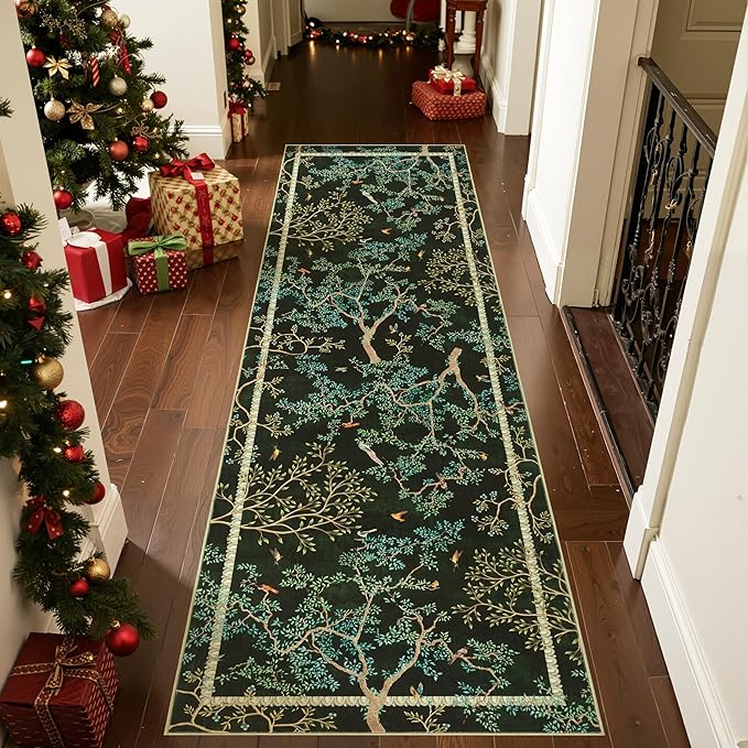 jinchan Yarden Moss Green Botanical Birds 3x10 Christmas Runner Rug for Hallway - Washable Non-Slip Soft Nature Plants Modern Runner Carpet,Vintage Low Pile Rug for Entryway Living Room Kitchen