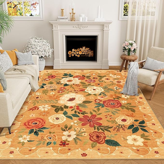 DUKINO 8x10 Area Rug, Floral Rugs for Living Room, Lightweight Non Slip Washable Rug, Indoor Low Pile & Non-Shedding Boho Design Rugs for Bedroom, Living Room, Dining Room, Orange
