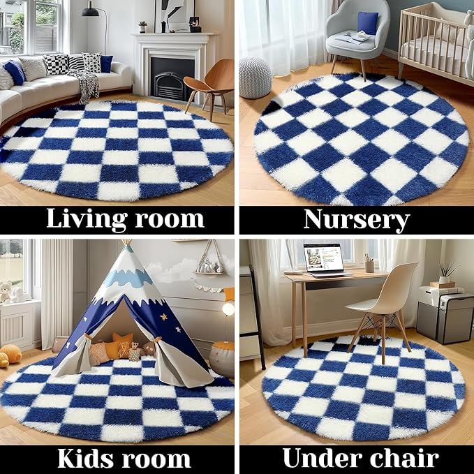 KICMOR Round Rugs 5ft Blue and Cream White Circle Area Rug, Fluffy Soft Fuzzy Shag Shaggy Bedroom Living Room Carpet, Indoor Checkered Circular Rug for Kids Boys Girls Home Decor Aesthetic, Nursery