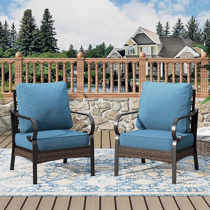 Outdoor Patio Leg Sofa Chairs Set of 2 Steel Frame Porch Furniture with Deep Seating and 5.75" Cushions for Lawn Backyard Deck, Navy Blue