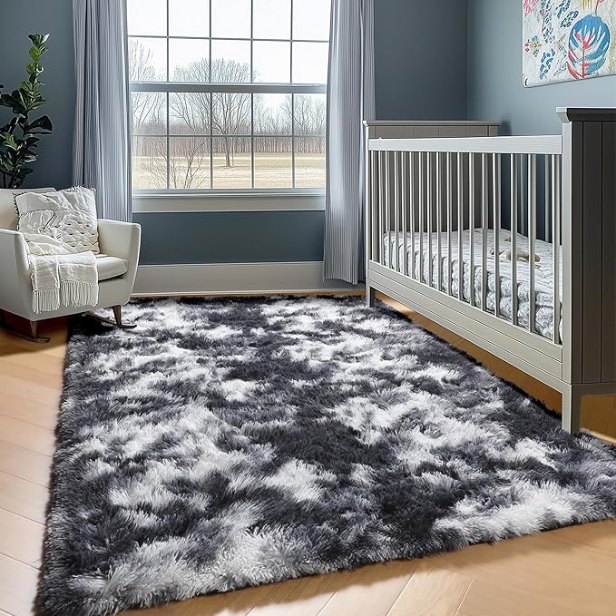 ONASAR Black and White Area Rugs for Living Room Bedroom, 5x8 Fluffy Rug, Washable Soft Plush Shag Floor Carpet for Nursery Kids Girls Boys Teen Baby Dorm Bedside Playroom Indoor Home Decor Aesthetic